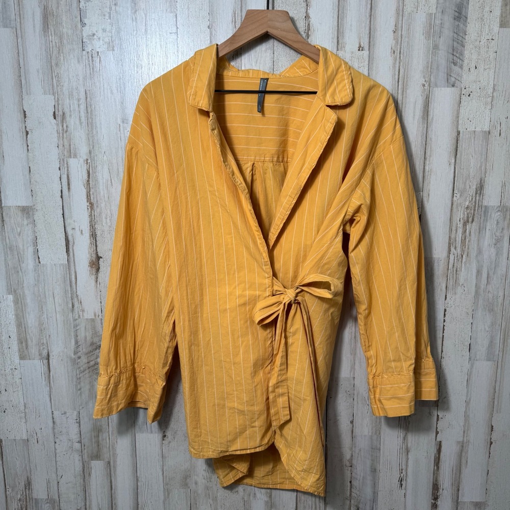 Anthropologie Stripe Yellow White Tie Front Wrap Collared Blouse Womens Medium
